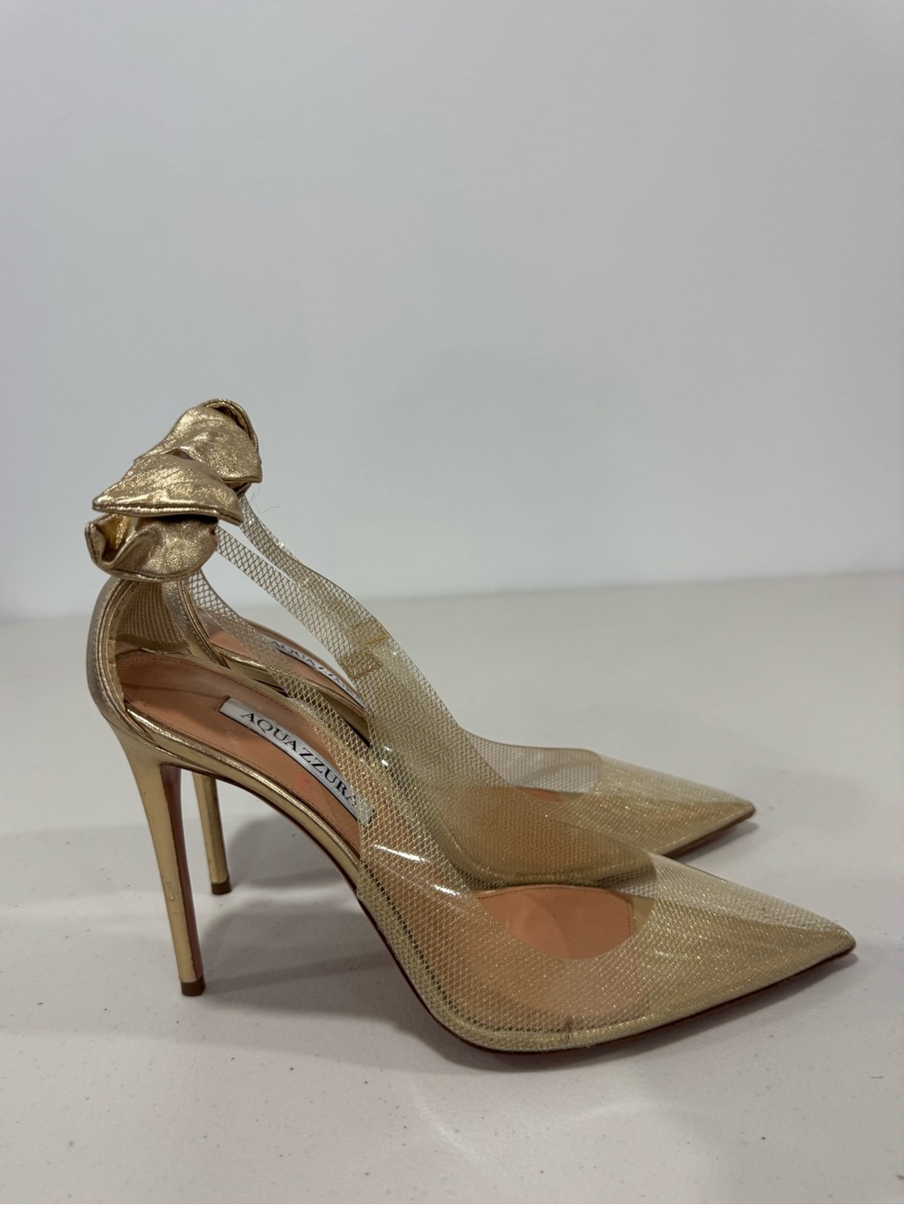 Aquazzura Women Gold Bow Tie Plexi 105 High Heels Pumps Size EU 40.5 (US 10.5)